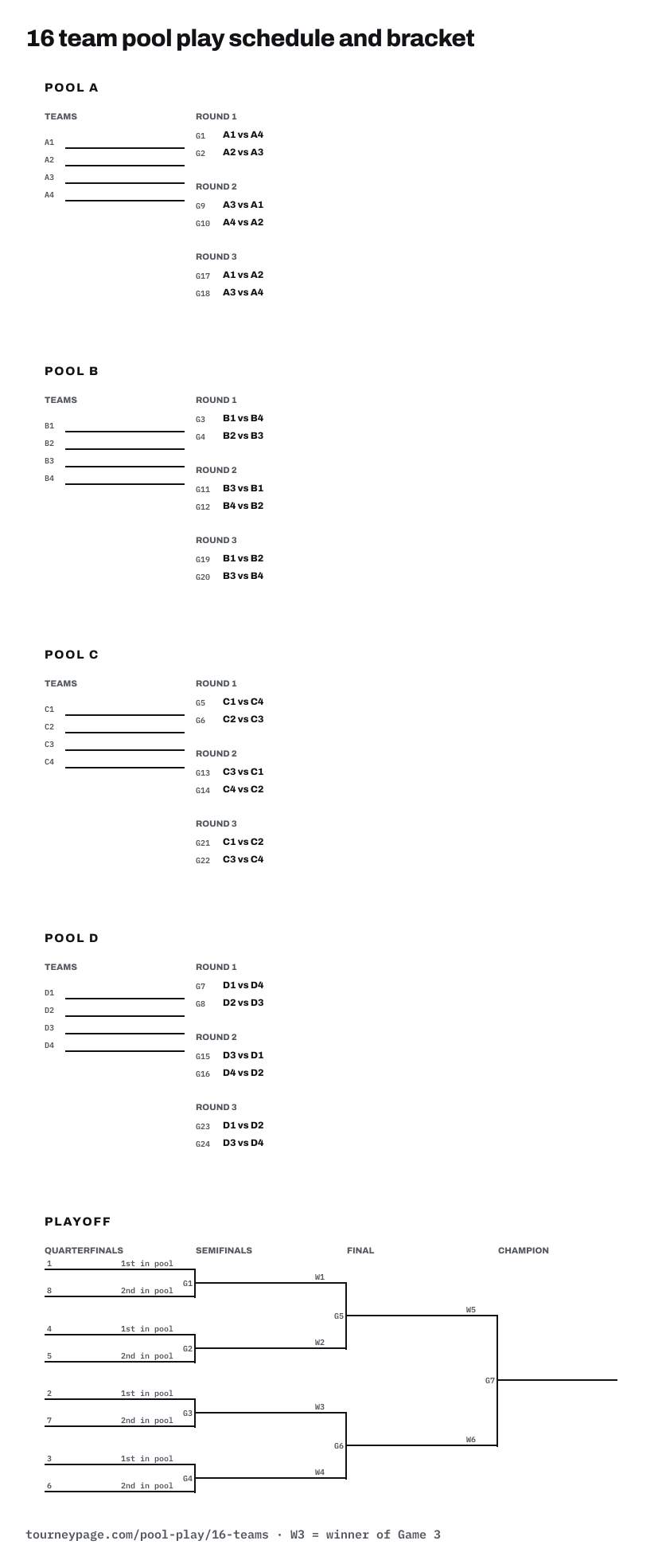 16 team pool play schedule and bracket: a page per pool with every game numbered, then the playoff bracket